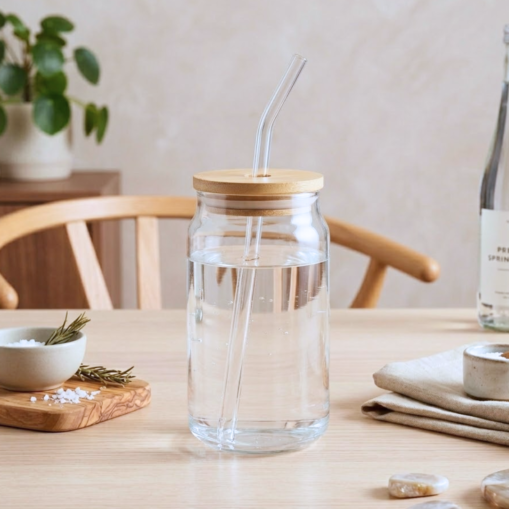 VASO DE VIDRIO CON SORBETE Y TAPA BAMBU