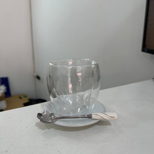 Vaso doble vidrio 250ml + plato + cuchara
