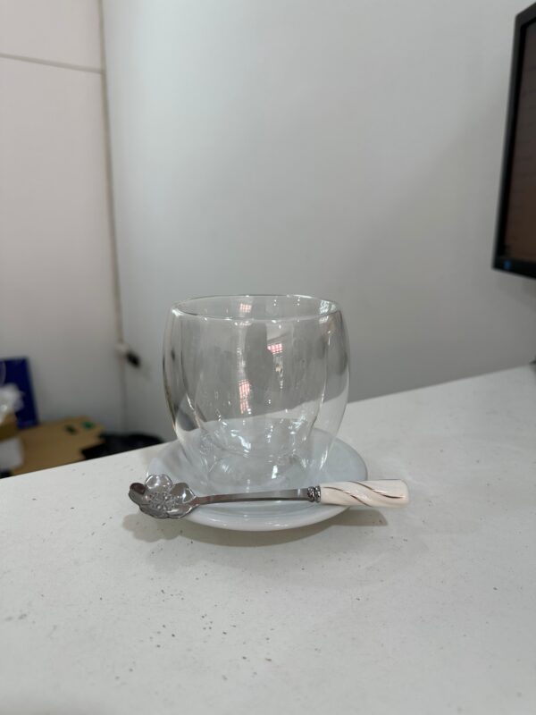 Vaso doble vidrio 250ml + plato + cuchara