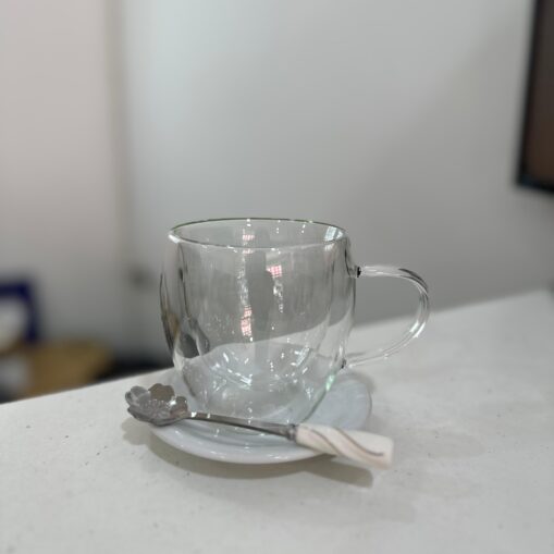 Taza doble vidrio 250ml + plato + cuchara