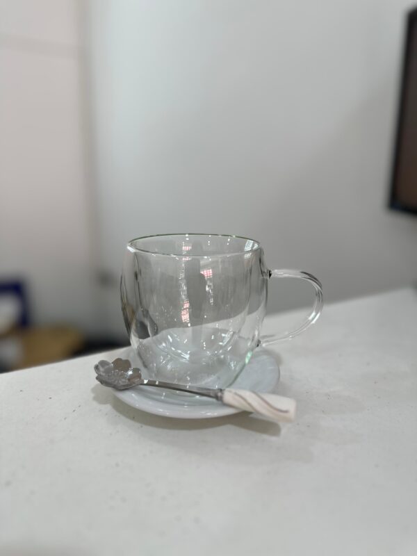 Taza doble vidrio 250ml + plato + cuchara