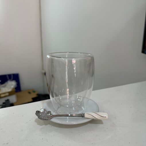 Vaso doble vidrio 350ml + plato + cuchara