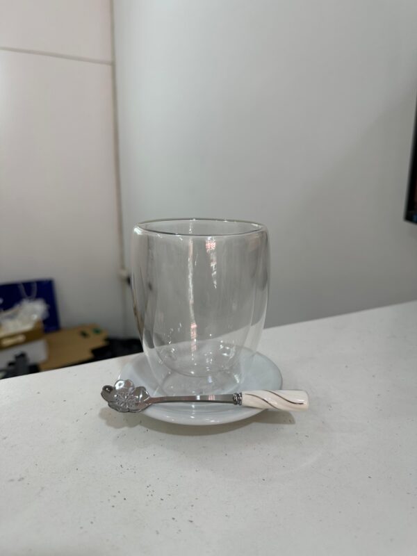 Vaso doble vidrio 350ml + plato + cuchara