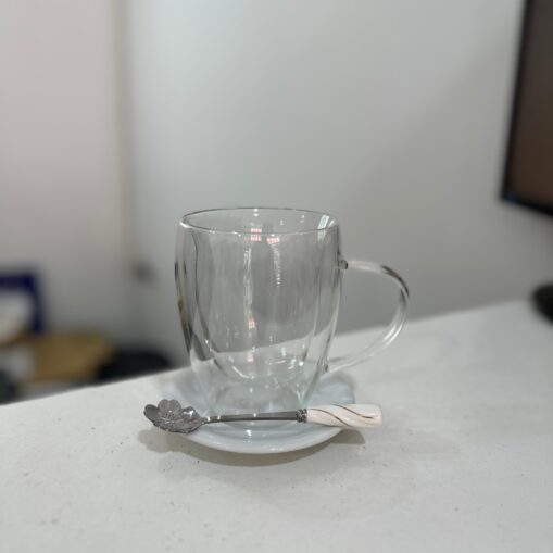 Taza doble vidrio 350ml + plato + cuchara