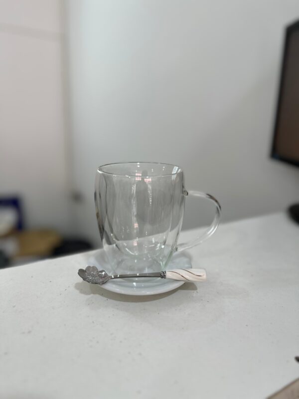 Taza doble vidrio 350ml + plato + cuchara