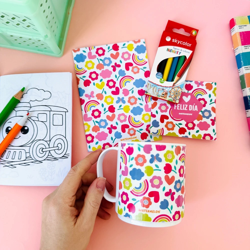 Taza Polimero + libreta + lapices | ALEGRÍA